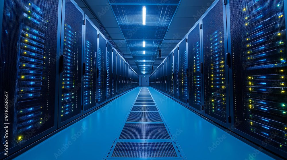 A wide-angle view of the entire server hall, capturing the scale of the operation and the organized rows of processing power, with copy space A wide-angle view of the entire server hall, capturing the scale of the operation and the organized rows of processing power, with copy space