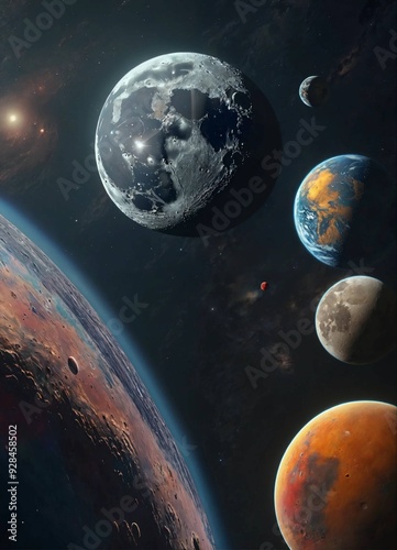 The moon surrounded by all the planets, hyper-realistic, beautiful colors