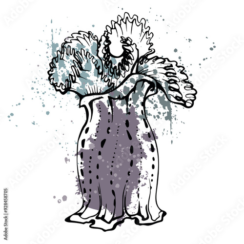 Coral sponge polyp splash Marine life, sea ocean underwater creatures shells, Ink sketch hand drawn. Single object illustration, stylized, isolated on white. Zoo shop, aquarium, cosmetics, resort