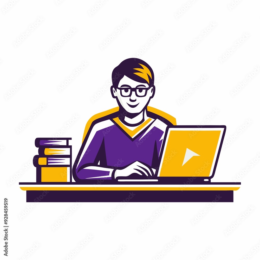 Illustration of a young man using a laptop, online learning and technology concept Illustration of a young man using a laptop, online learning and technology concept
