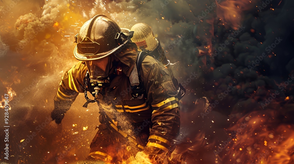 Firefighter in full gear with a helmet, oxygen tank and a fire hose, surrounded by flames and smoke. Firefighter in full gear with a helmet, oxygen tank and a fire hose, surrounded by flames and smoke.