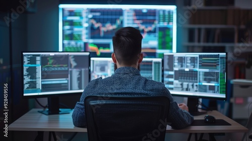 A man works as an operator specialist in a computer data center in front of many monitors with charts and data
