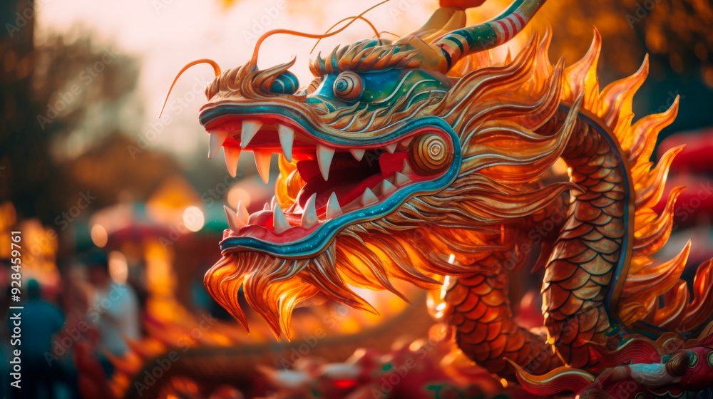 Striking close-up of a dragon head in a Chinese New Year parade, showcasing intricate craftsmanship and vibrant colors. Striking close-up of a dragon head in a Chinese New Year parade, showcasing intricate craftsmanship and vibrant colors.