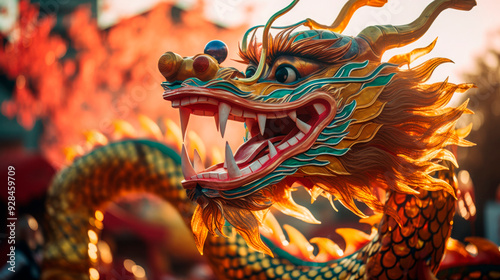 Striking close-up of a dragon head in a Chinese New Year parade, showcasing intricate craftsmanship and vibrant colors.