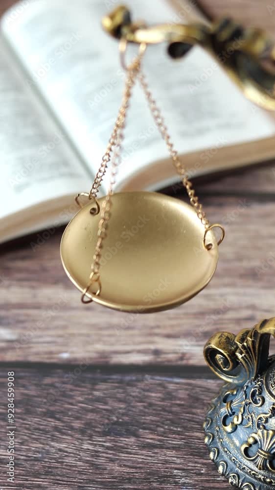 Antique golden balance scale with holy bible book in the background. Vertical video. Selective focus. Christian biblical concept of justice, judgment, and righteousness. Antique golden balance scale with holy bible book in the background. Vertical video. Selective focus. Christian biblical concept of justice, judgment, and righteousness.