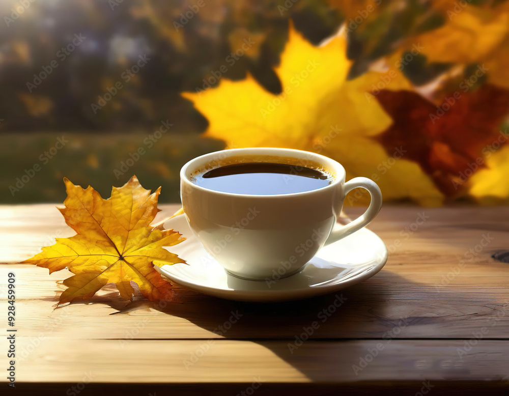 cup on table and yellow leaves. autumn vibe.
