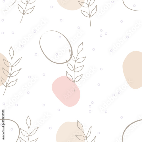 Vector simple seamless pattern with twigs and abstract spots on white background. For wallpapers and decor, invitation card, fabric print or textile, linen, web page background, wrapping paper.