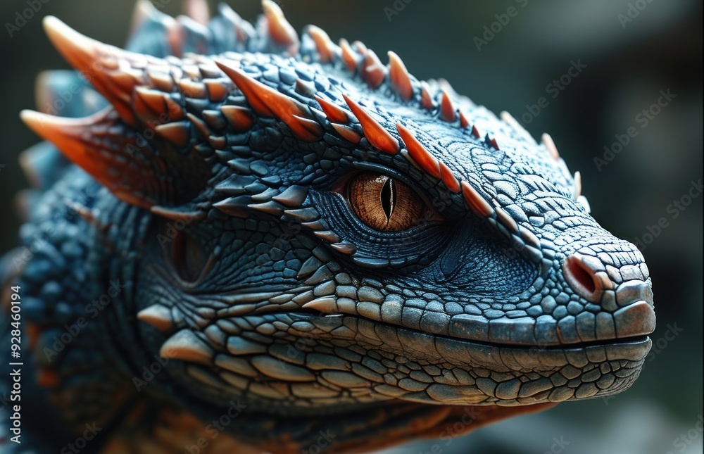 Fototapeta premium Close-up of a lizard's head featuring orange spikes.