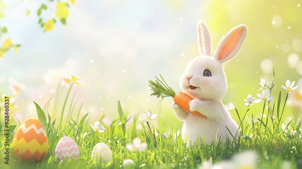 Fototapeta premium Cute Easter Bunny with Carrot and Easter Eggs in Grass.