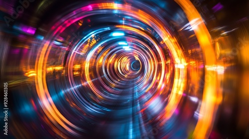 Futuristic blue time tunnel with light painting effects, abstract technological background for innovation and digital advancement.