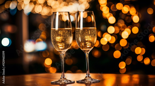 Two glasses of sparkling champagne against a backdrop of festive lights, perfect for celebrations and special occasions photo