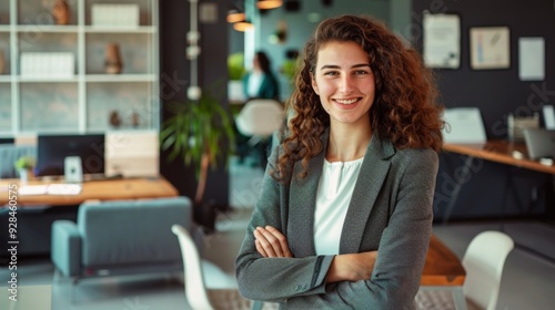 Confident businesswoman with crossed arms smiling in modern office, facing camera, embodying success in professional attire with sleek hairstyle.