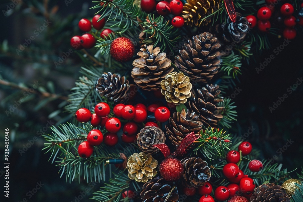 Nahaufnahme von einem weihnachtlich geschmückten Türkranz, Detailaufnahme Nahaufnahme von einem weihnachtlich geschmückten Türkranz, Detailaufnahme