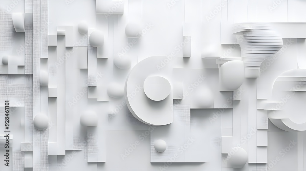 43. Abstract 3D wall art with layered geometric forms and floating shapes creating a dynamic pattern against a pristine white backdrop. 43. Abstract 3D wall art with layered geometric forms and floating shapes creating a dynamic pattern against a pristine white backdrop.