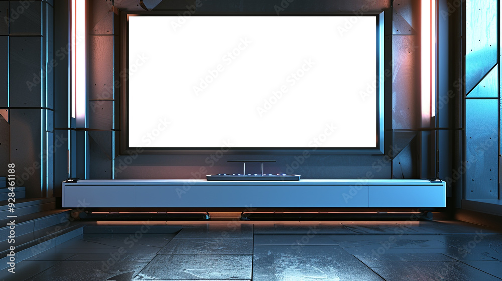 A blank screen LCD on a modern media wall, with a sleek, floating console below and ambient lighting above. A blank screen LCD on a modern media wall, with a sleek, floating console below and ambient lighting above.