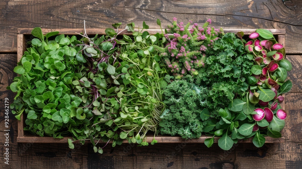 Realistic top view of various microgreens like kale, radish, and broccoli, arranged neatly on a wooden table Realistic top view of various microgreens like kale, radish, and broccoli, arranged neatly on a wooden table