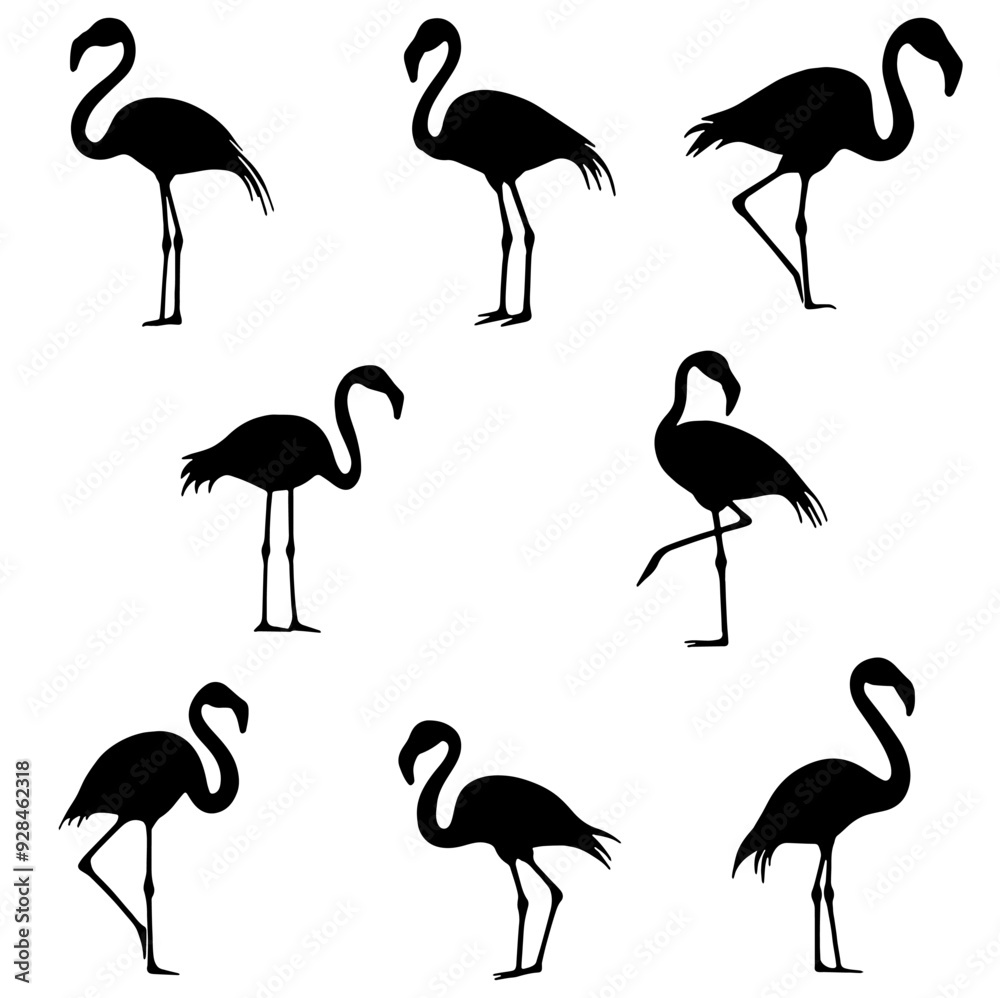 Obraz premium Elegant Flamingo Silhouette Set Featuring Various Poses and Stances | Stylish and Versatile Design | Flat Vector Illustration