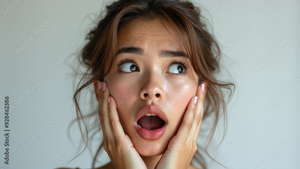 A young woman showcases a shocked expression, her hands pressed against her cheeks and eyes widened, in a well-lit indoor setting. Her genuine surprise is captured vividly. A young woman showcases a shocked expression, her hands pressed against her cheeks and eyes widened, in a well-lit indoor setting. Her genuine surprise is captured vividly.