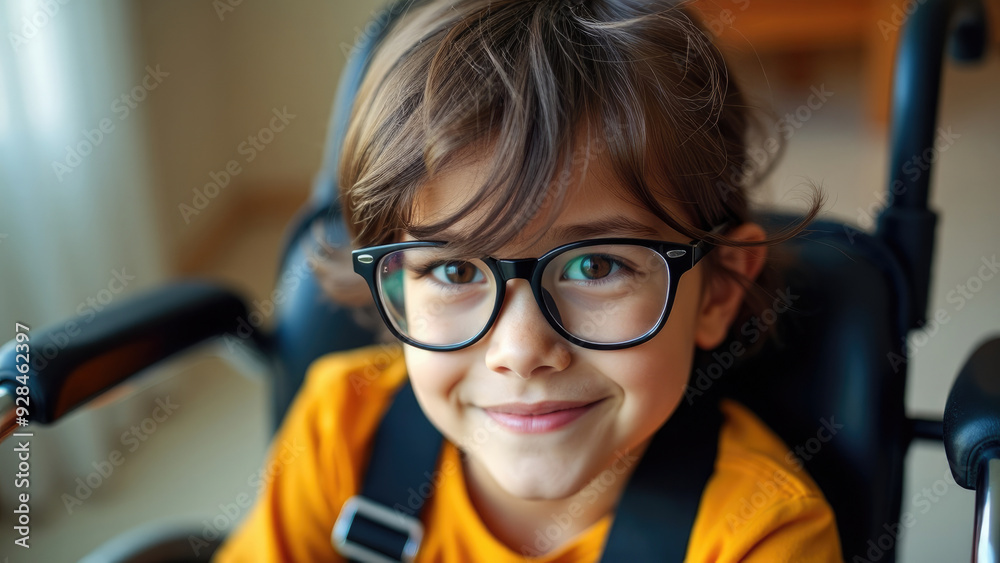 A young child wearing glasses is seated in a wheelchair, positioned in a brightly lit indoor setting, evoking a sense of innocence, determination, and perseverance. A young child wearing glasses is seated in a wheelchair, positioned in a brightly lit indoor setting, evoking a sense of innocence, determination, and perseverance.