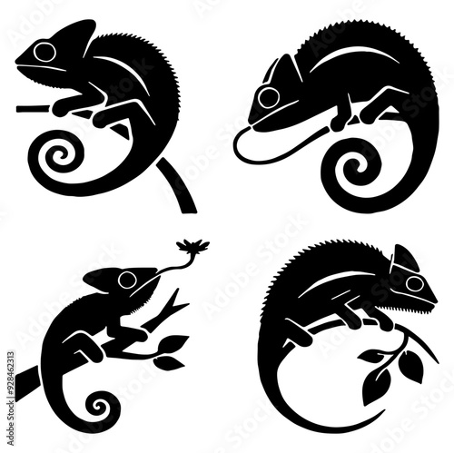 Chameleons Silhouette Set Featuring Various Poses and Stances | Unique and Versatile Design | Flat Vector Illustration