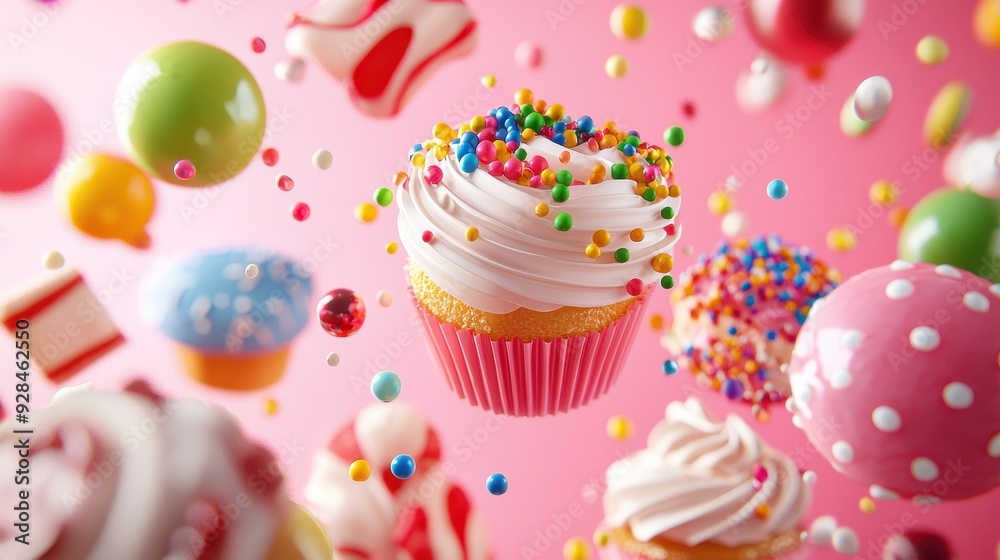 Colorful Sprinkles Cupcake on Pink Background. Colorful Sprinkles Cupcake on Pink Background.