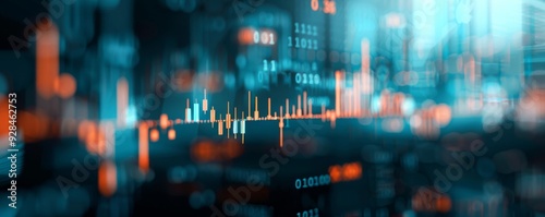 Abstract financial data visualization with glowing charts and metrics representing market trends and digital analysis.