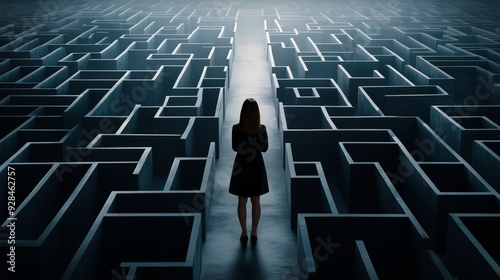 Businesswoman standing in front of a giant maze filled with economic signs, [economic strategy], [strategic planning in uncertain economic environments] photo