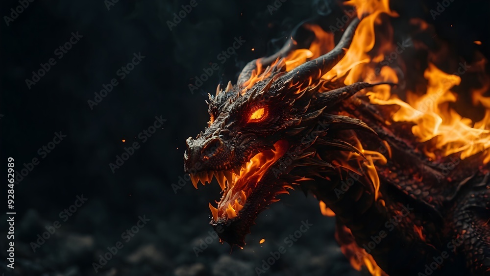 Dragon with glowing eyes in the dark forest under the starlit sky Dragon with glowing eyes in the dark forest under the starlit sky