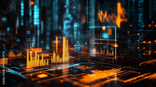 Futuristic cityscape with holographic charts representing economic growth, [urban economy], [strategic planning in future urban developments]