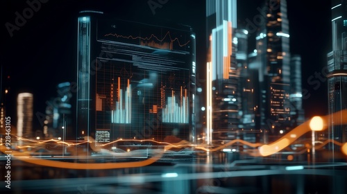 Futuristic cityscape with holographic charts representing economic growth, [urban economy], [strategic planning in future urban developments]
