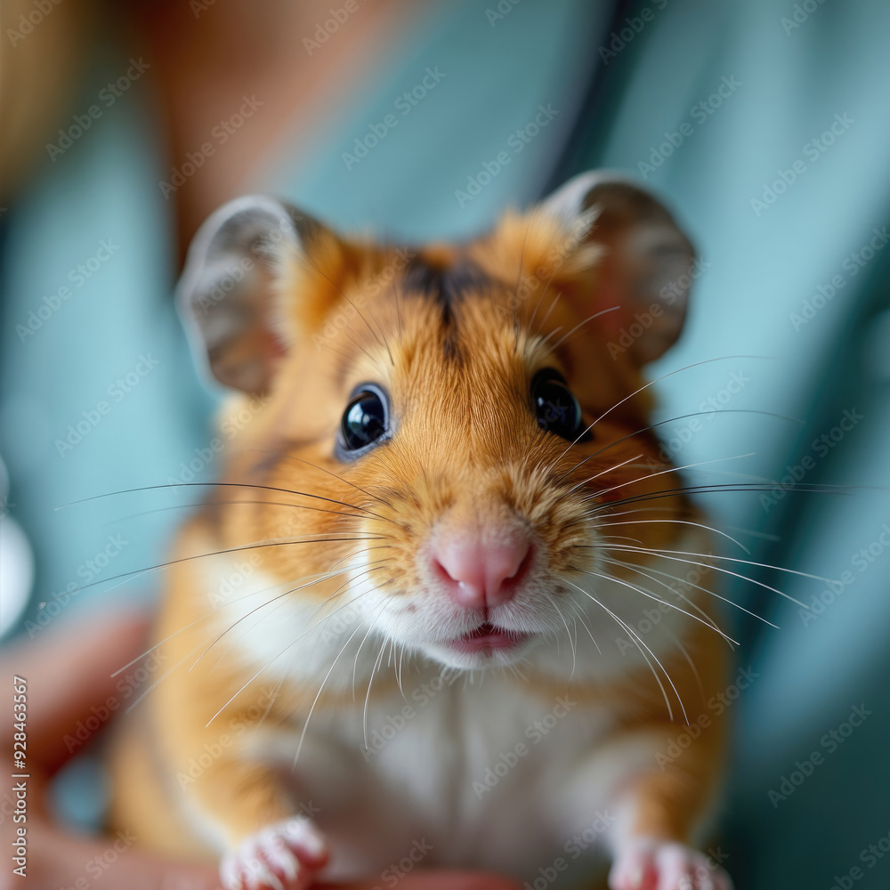 The image shows a small hamster with tiny paws and curious eyes being gently held by a person, focusing on the intimate bond and trust between pet and owner.