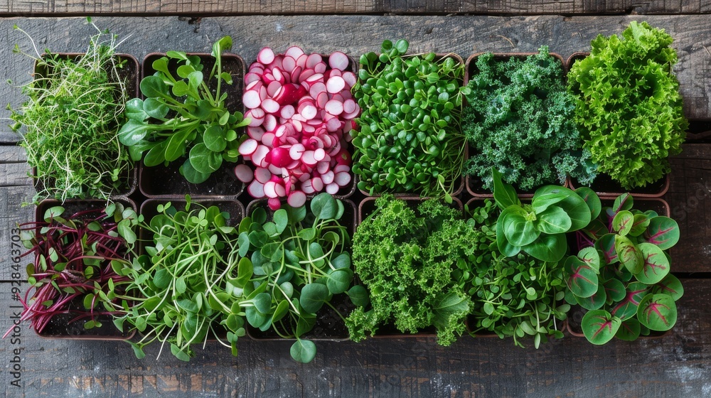 Realistic top view of various microgreens like kale, radish, and broccoli, arranged neatly on a wooden table Realistic top view of various microgreens like kale, radish, and broccoli, arranged neatly on a wooden table