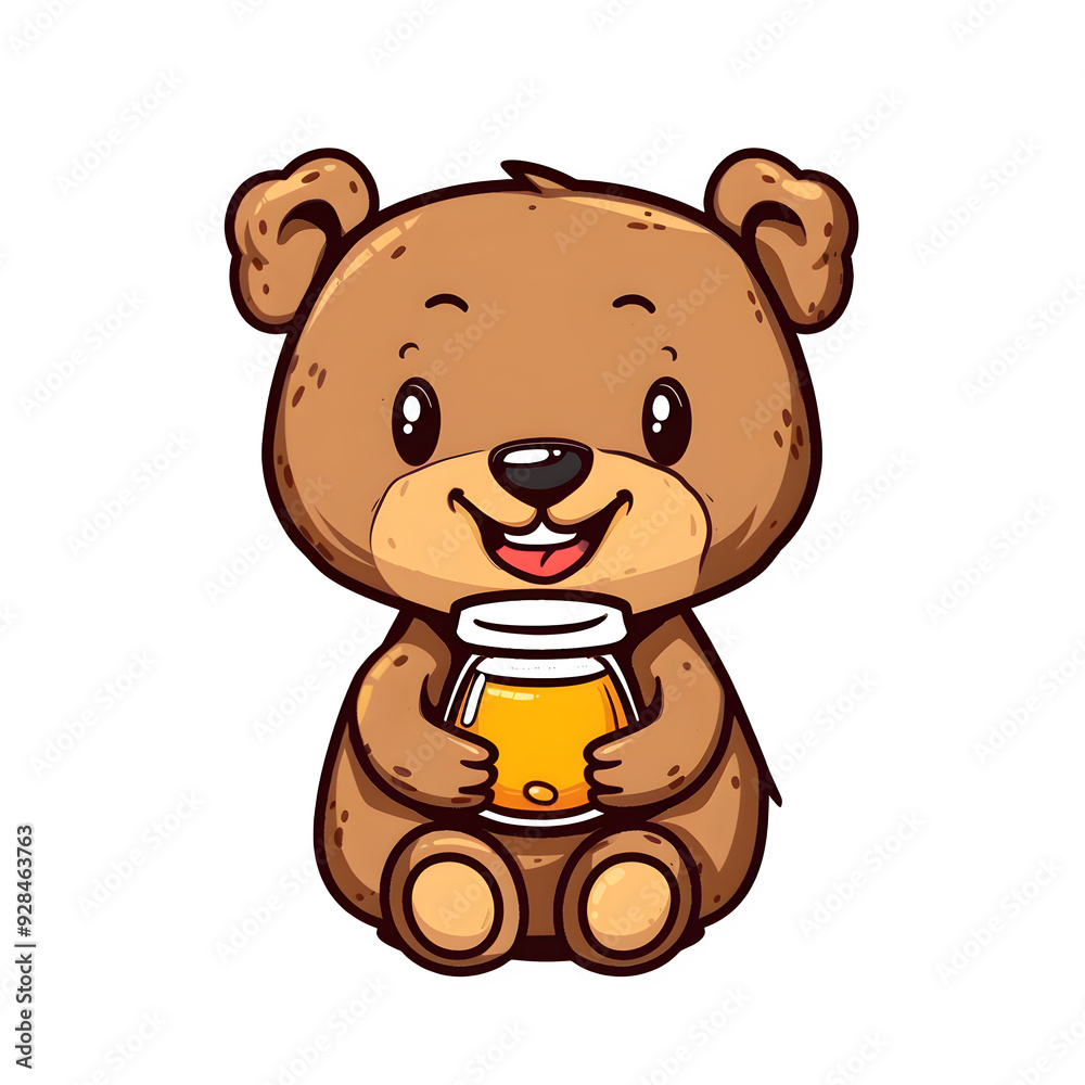 Cute cartoon bear joyfully clutching a jar of honey, ideal for kids' artwork and projects, set against a clear background for simple inclusion Cute cartoon bear joyfully clutching a jar of honey, ideal for kids' artwork and projects, set against a clear background for simple inclusion