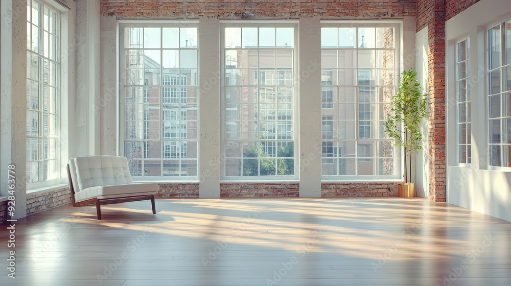 Fototapeta premium Modern loft apartment with large windows and brick wall.