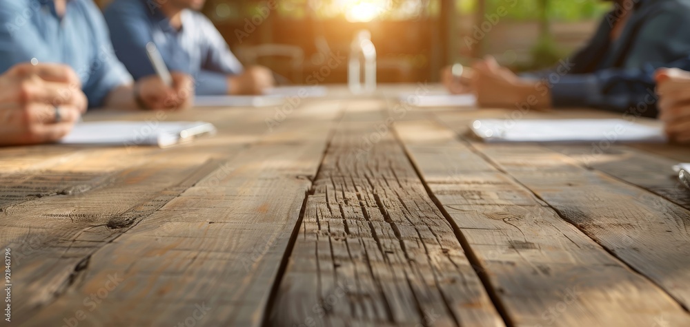 Close-up view of a wooden table during a meeting, capturing hands and papers in a collaborative environment. Close-up view of a wooden table during a meeting, capturing hands and papers in a collaborative environment.