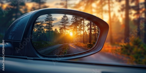 Sunset reflection in car mirror with close up of nature s beauty photo