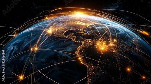 Earth with overlaid economic zones and trading routes, [global economy], [strategic planning in international trade