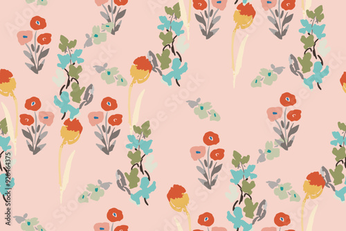Abstract floral seamless pattern. Bright colors, gouache painting.hand drawn, not AI