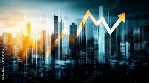 Urban landscape with buildings shaped like upward and downward economic arrows, [urban economy], [economic growth and decline in city planning]