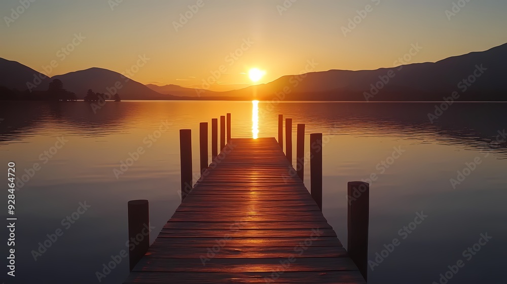 Fototapeta premium A dock with a view of a mountain range in the background with beautiful sunset view