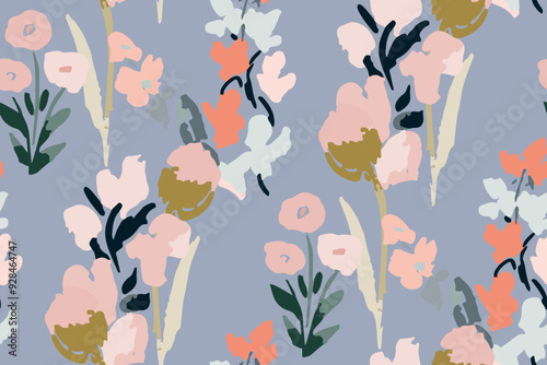 Abstract floral seamless pattern. Bright colors, gouache painting.hand drawn, not AI