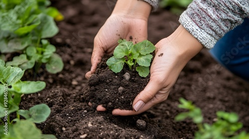 Close-up of hands holding soil on a blurred background, a closeup photo with copy space text "stock". A natural, organic vegetable and flower garden in the sunlight, a concept for environmental protec