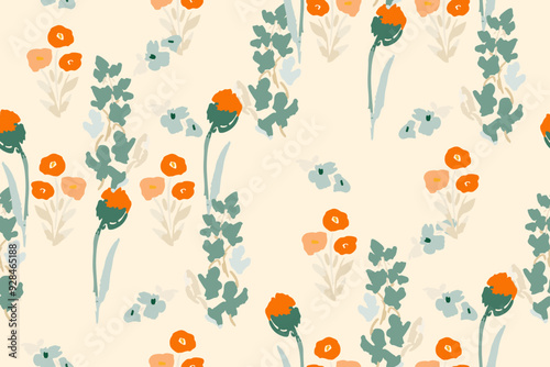 Abstract floral seamless pattern. Bright colors, gouache painting.hand drawn, not AI
