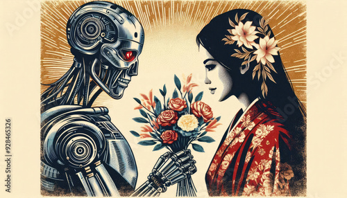 An artistic illustration of a robot offering a flower bouquet to a woman dressed in traditional attire, showcased in a stylized retro print, symbolizing a blend of love, tradition, and technology. photo