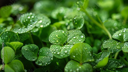 Realistic macro shot of water droplets on microgreens, highlighting their freshness and crispness