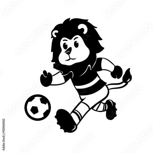 Silhouette Cartoon Lion Soccer Mascot Black and White Vector Art Illustration photo