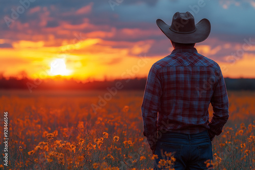 Man are standing in his growing wheat field, emadow sunset.