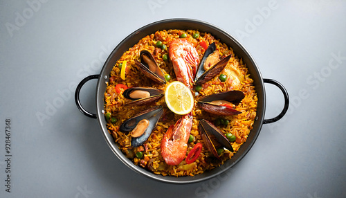 delicious vibrant paella with seafood and vegetables