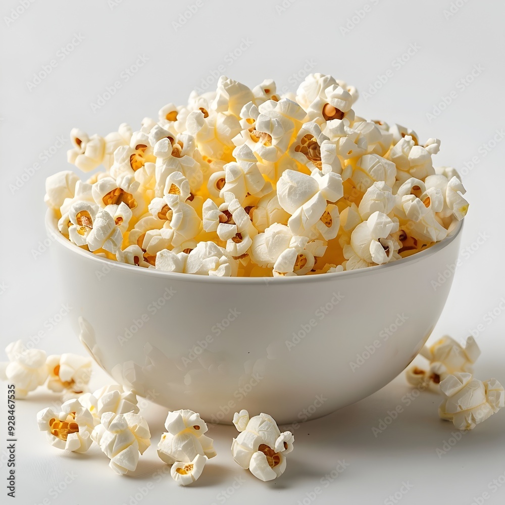 Delectable Buttery and Salted Popcorn in a Bowl on a White Background for Snacking or Serving Delectable Buttery and Salted Popcorn in a Bowl on a White Background for Snacking or Serving