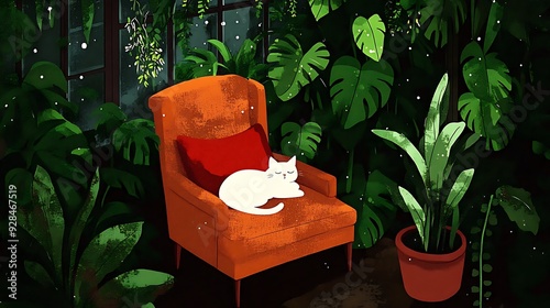 Cozy Sleeping White Cat Illustration Art photo